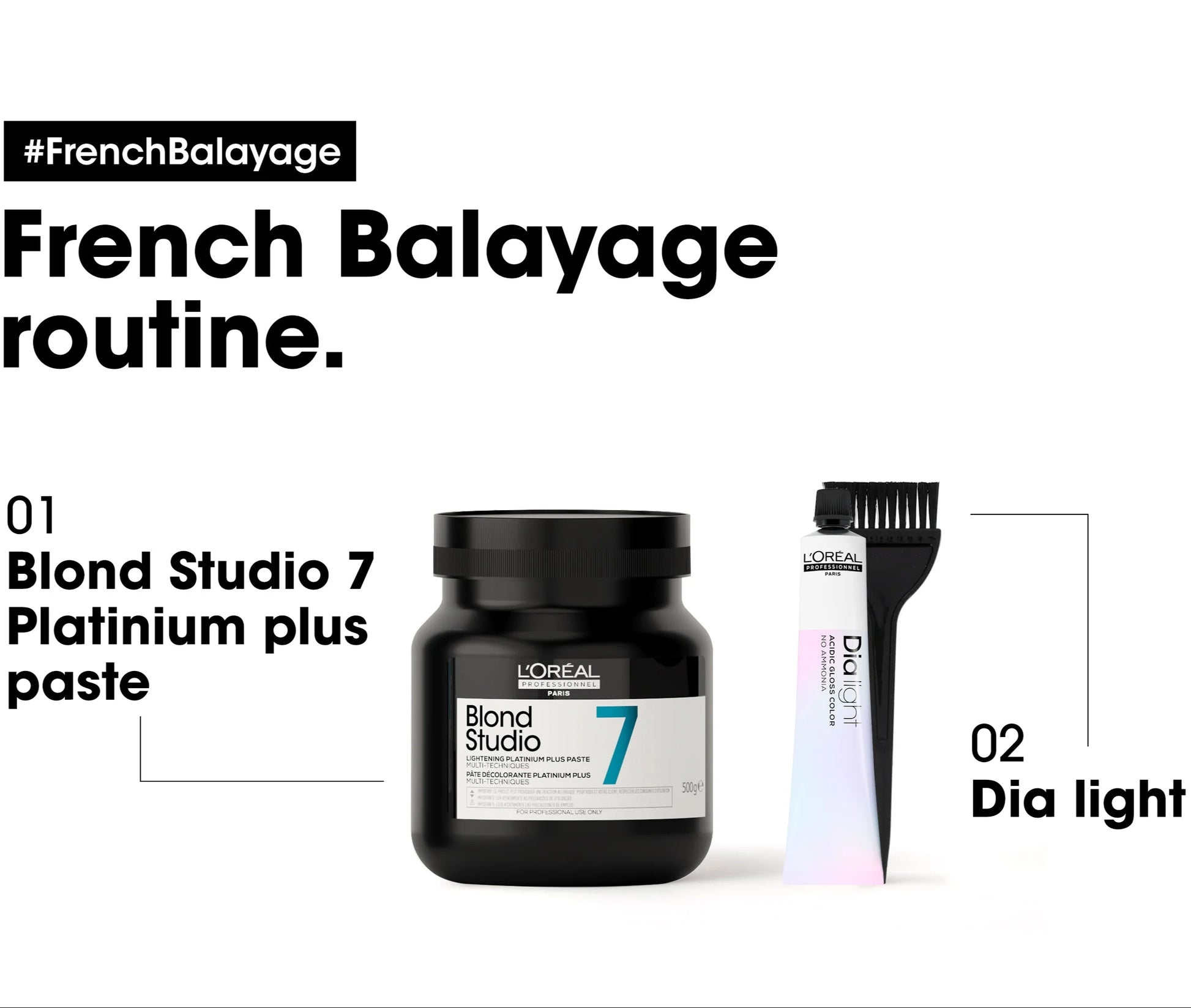L'Oréal Professionnel Blond Studio 7 Platinum plus paste and Dia light hair dye applicator shown on a white background with French text reading '#FrenchBalayage routine' and 'French Balayage routine.'.
