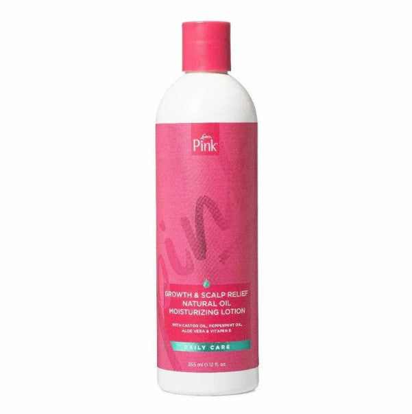 Pink bottle of natural oil moisturizing lotion on a white background