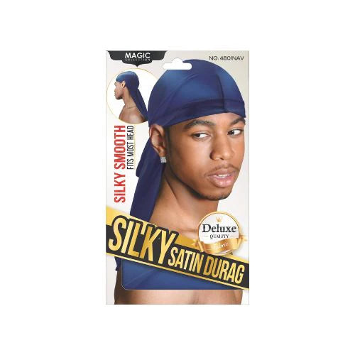 Silky Satin Durag packaging with a model wearing the durag on a white background