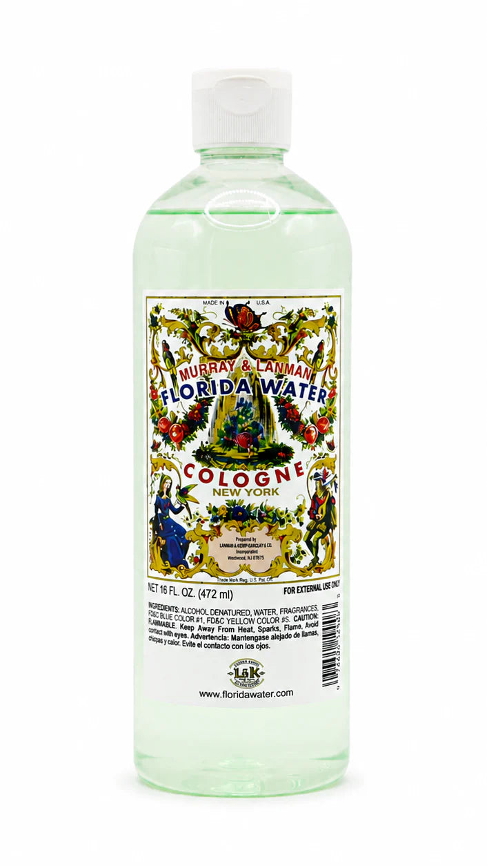 Bottle of Murray & Lanman Florida Water cologne on a white background