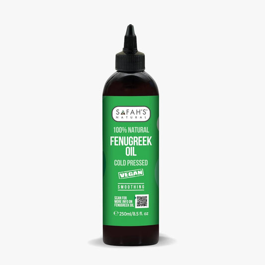 A 250ml bottle of Safah's Natural Fenugreek Oil, featuring a dark amber glass bottle, a black dropper cap, and a bright green label with white text.