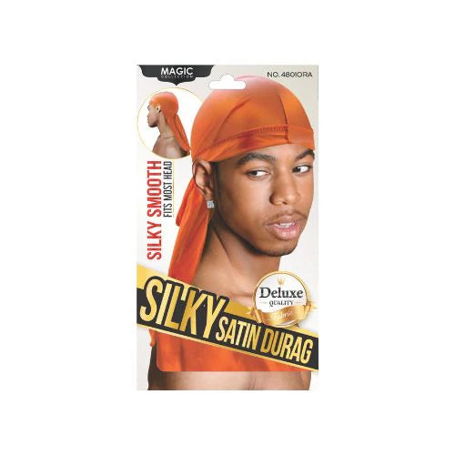 Silky Satin Durag packaging with a model wearing the durag on a white background