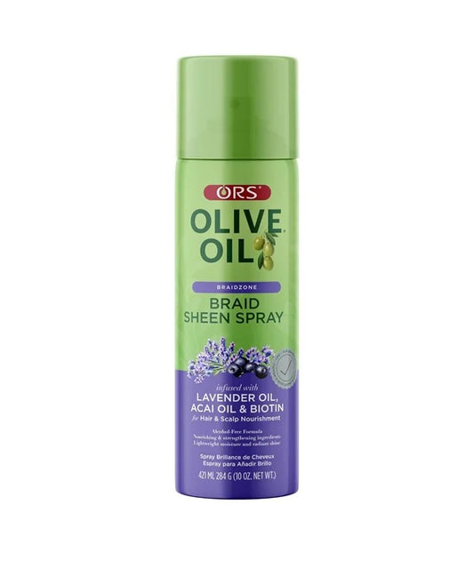 A bottle of ORS Olive Oil Braidzone Braided Sheen Spray, featuring a light green cap and body with a purple lower section, on a plain white background.