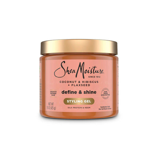Shea Moisture Define & Shine Styling Gel in a 15 oz jar, featuring a peach-colored label and a metallic gold lid on a white background.