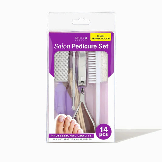 NOOKA Salon Pedicure Set in a clear plastic blister pack with a purple header card. The set includes a nail file, nail clipper, brush, and wooden foot file, with a small purple travel pouch visible inside.