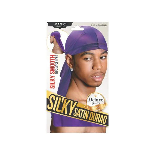 Silky Satin Durag packaging with a model wearing the durag on a white background