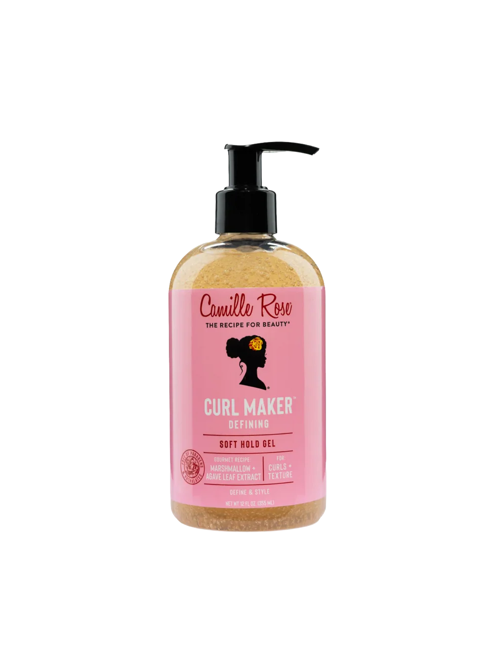 Bottle of Camille Rose Curl Maker Defining Soft Hold Gel on a white background