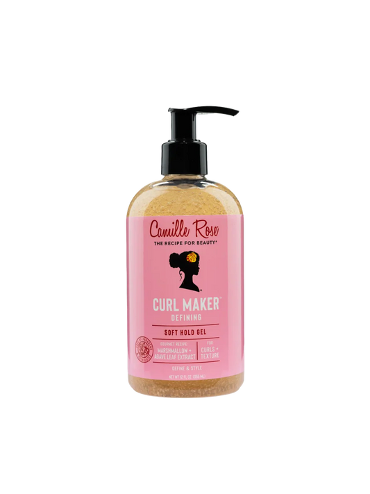 Bottle of Camille Rose Curl Maker Defining Soft Hold Gel on a white background