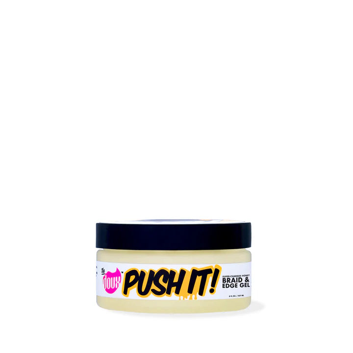 Jar of 'Push It!' braid and edge gel on a white background