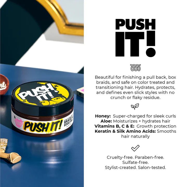 Jar of 'Push It!' hair product on a blue surface with promotional text.