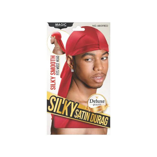 Silky Satin Durag packaging with a model wearing the durag on a white background