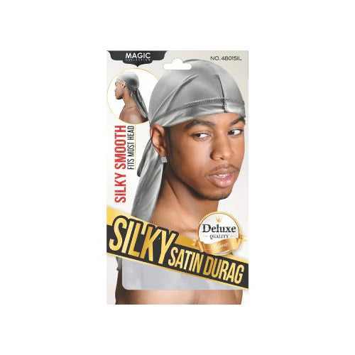 Silky Satin Durag packaging with a model wearing the durag on a white background