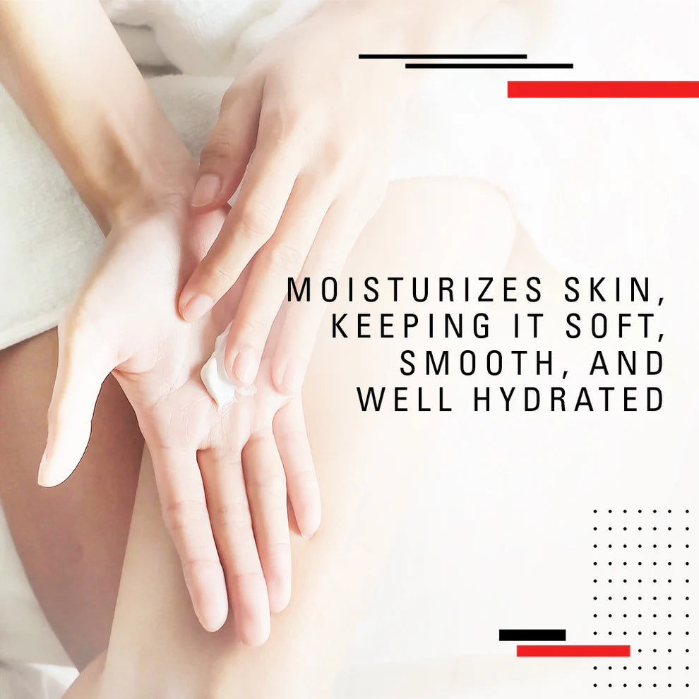 Person applying cream to their hand with text about moisturizing skin.