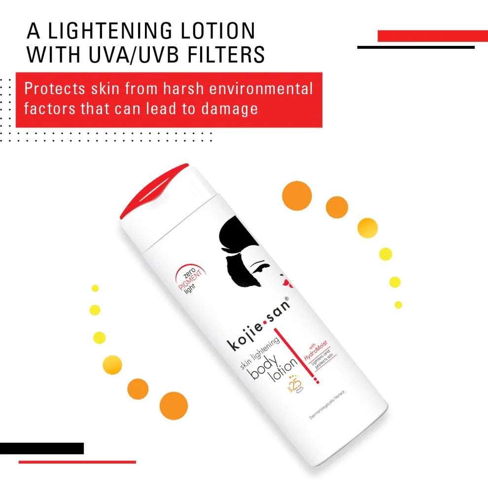 Kojie San skin lightening body lotion with UVA/UVB filters on a white background