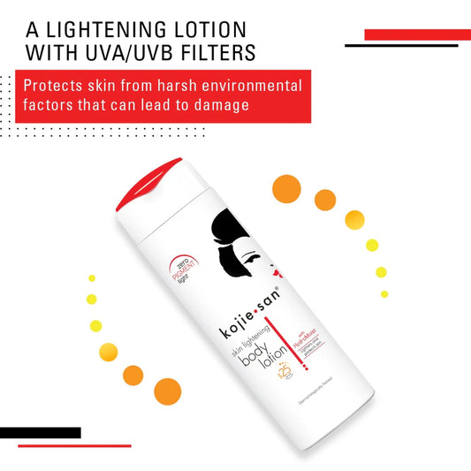 Kojie San skin lightening body lotion with UVA/UVB filters on a white background
