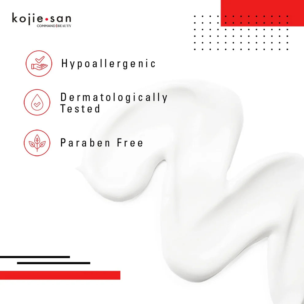 Kojie San product with hypoallergenic, dermatologically tested, and paraben-free features on a white background.