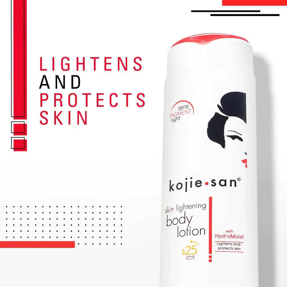 Kojie San skin lightening body lotion bottle with text on a white background