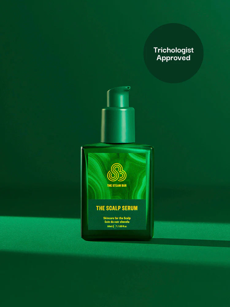 Green bottle of 'The Scalp Serum' with a trichologist approval label on a green background