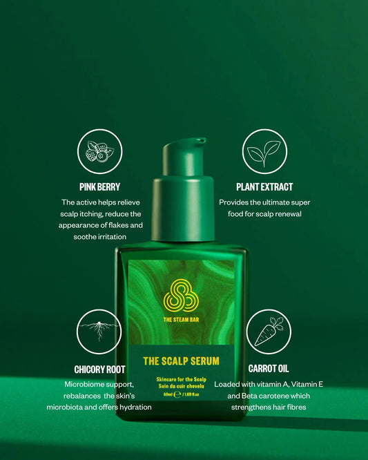 Green scalp serum bottle with text on a green background