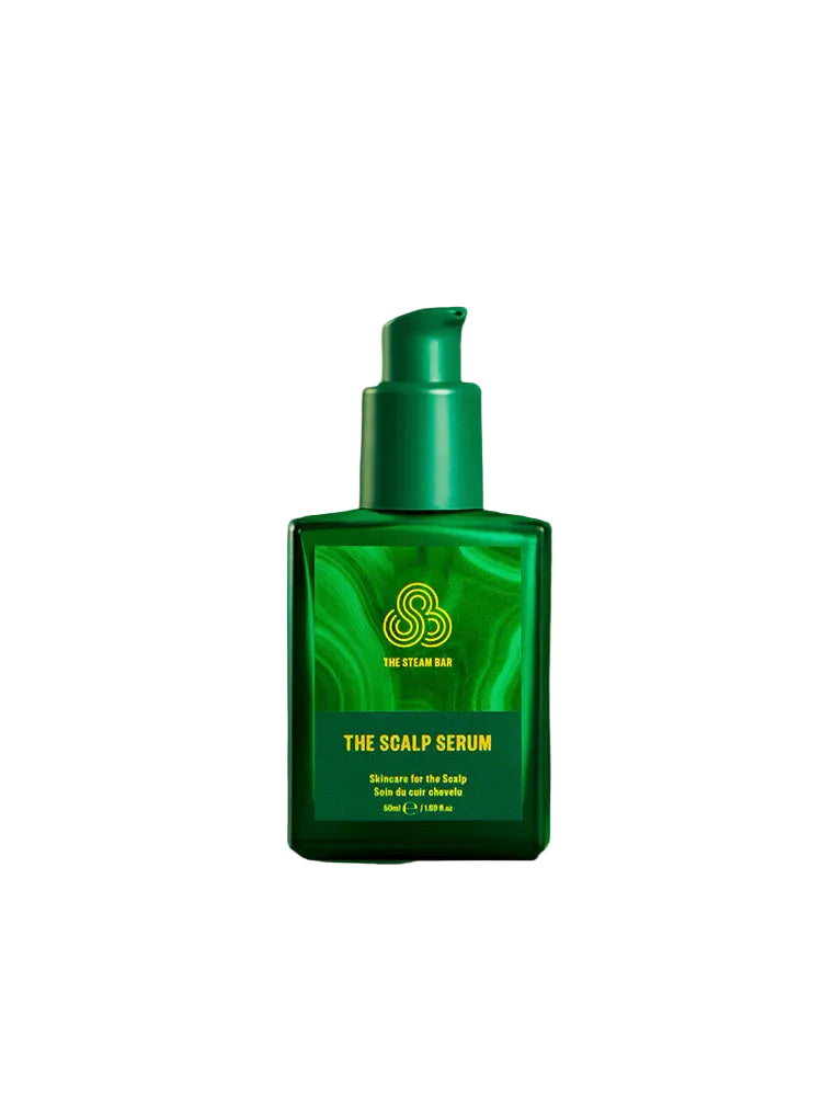 Green bottle of 'The Scalp Serum' on a green background