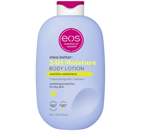 EOS shea butter 24H moisture body lotion bottle on a white background
