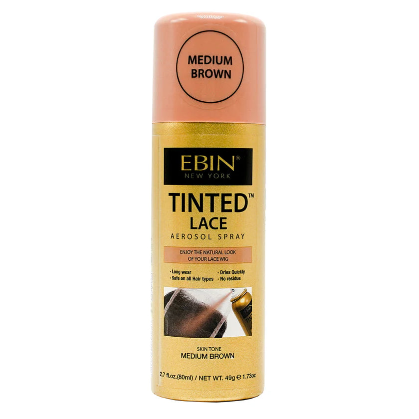 EBIN New York Tinted Lace Aerosol Spray for medium brown hair on a white background