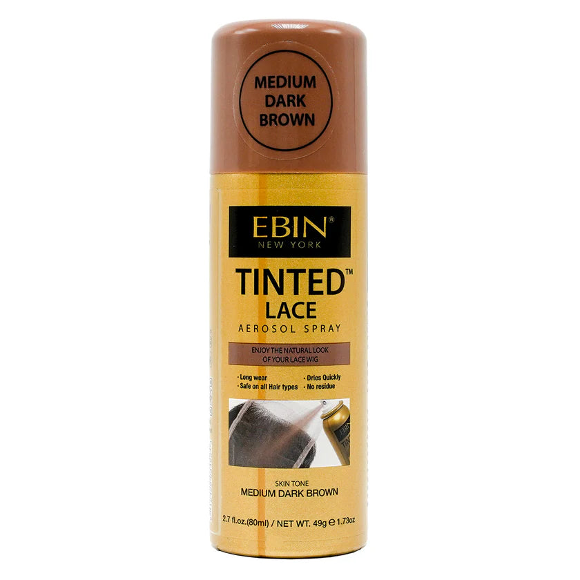 EBIN New York Tinted Lace Aerosol Spray for medium dark brown hair on a white background