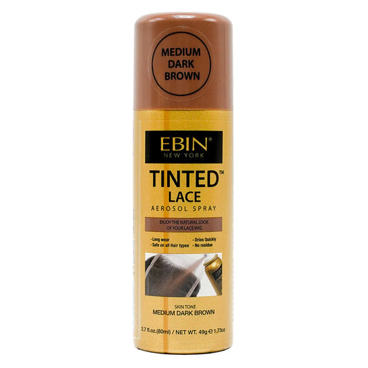 EBIN New York Tinted Lace Aerosol Spray for medium dark brown hair on a white background