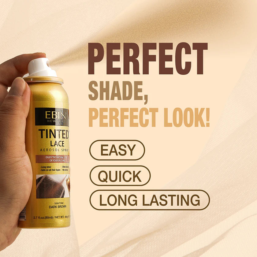 Hand holding a can of Ebin Tinted Lace spray with promotional text on a beige background