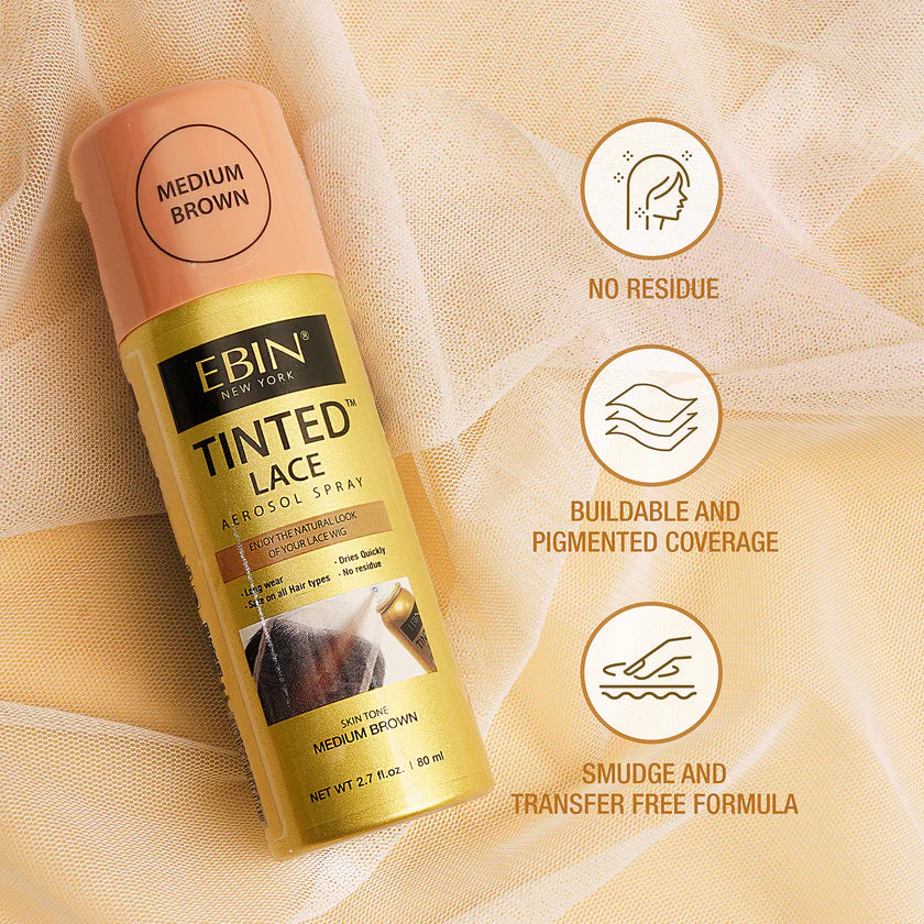 EBIN New York Tinted Lace Aerosol Spray bottle with features on a beige fabric background