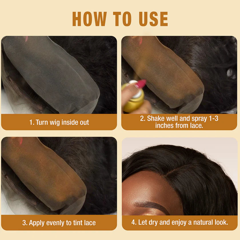 Instructions on how to use a wig with spray, shown in four steps.