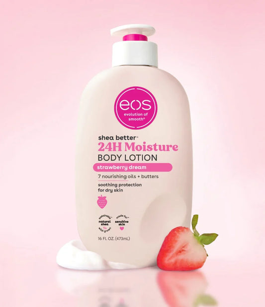 EOS strawberry dream body lotion on a pink background with a strawberry.