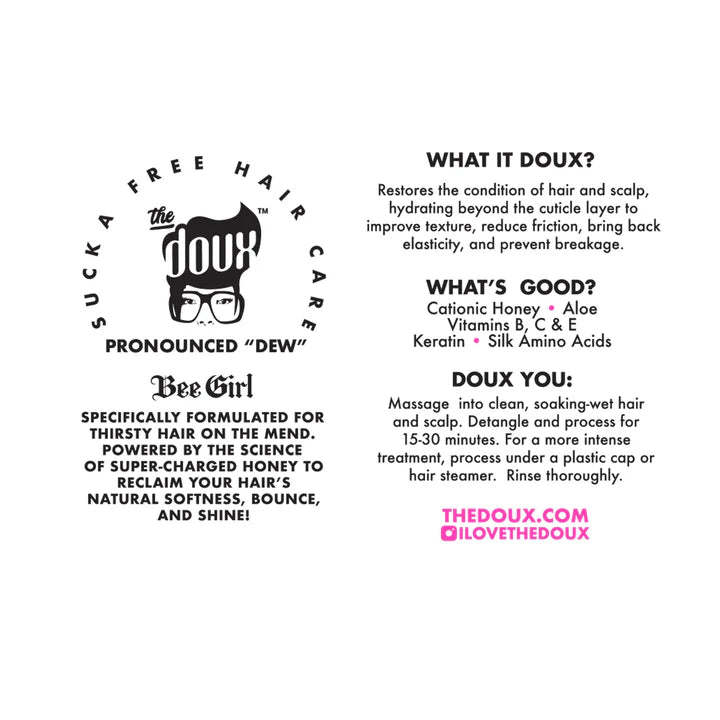 Product label for 'The Doux' hair care product with text and branding.