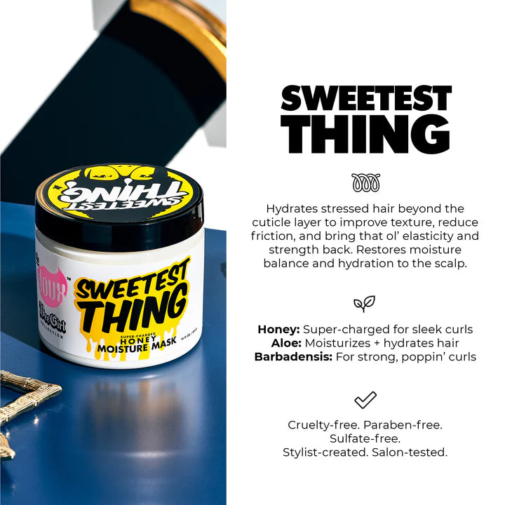 Sweetest Thing hair mask jar with product description on a blue background
