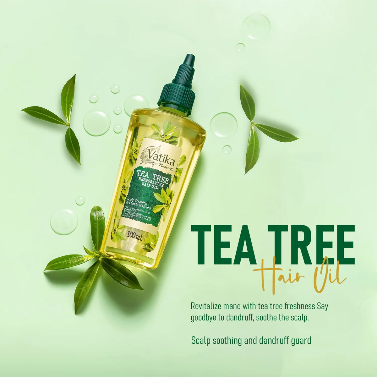 Vatika Tea Tree hair oil bottle with leaves on a light green background
