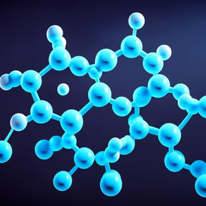 3D model of a molecular structure with blue spheres and rods on a dark background