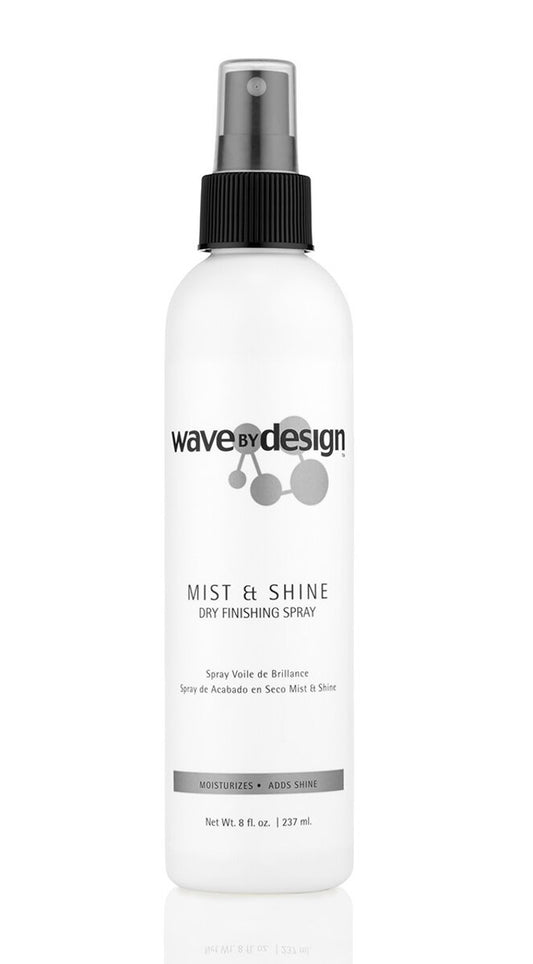 White spray bottle labeled 'Mist & Shine' by 'wave by design' on a white background