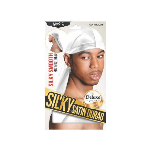Silky Satin Durag packaging with a model wearing the durag on a white background