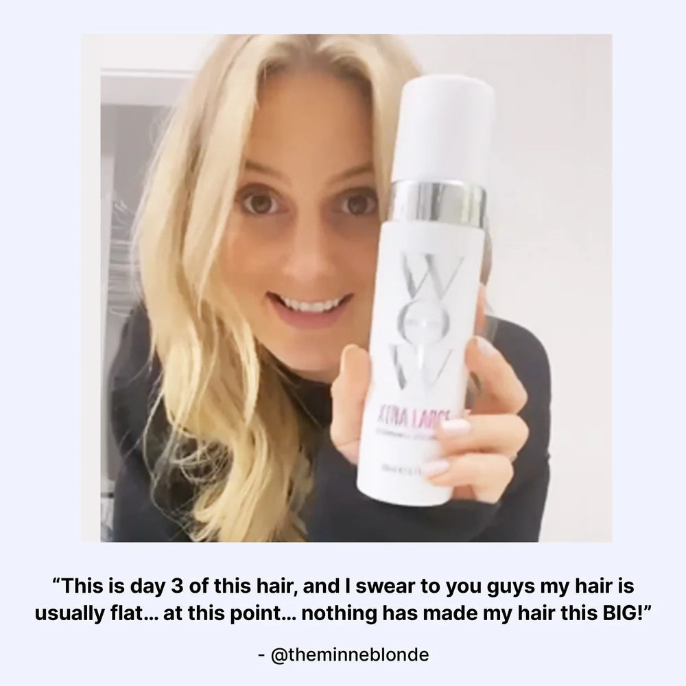 Woman holding a hair product bottle with text about hair growth.