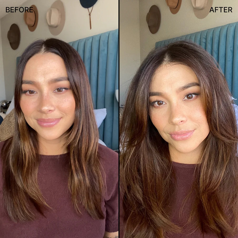 Before and after comparison of a woman with long hair, showing a blurred area on the left side.