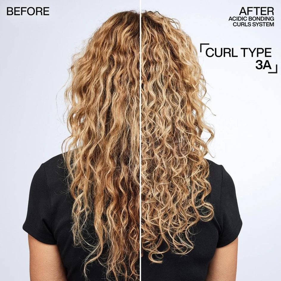 Before and after comparison of curly hair with text indicating a hair treatment system.