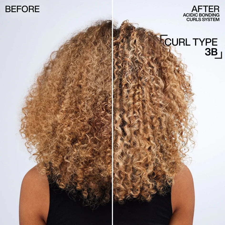 Before and after comparison of curly hair with text indicating a hair treatment routine.