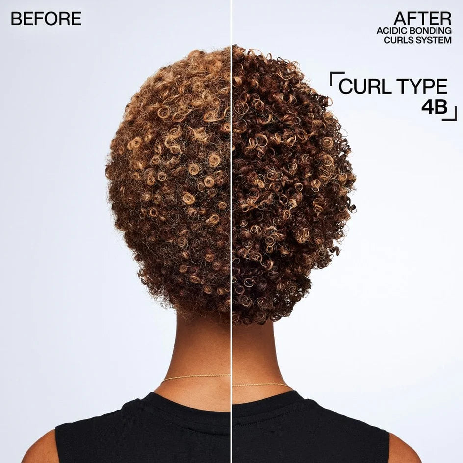 Before and after comparison of hair styled with a 4B curl type using an acid bonding curls system.