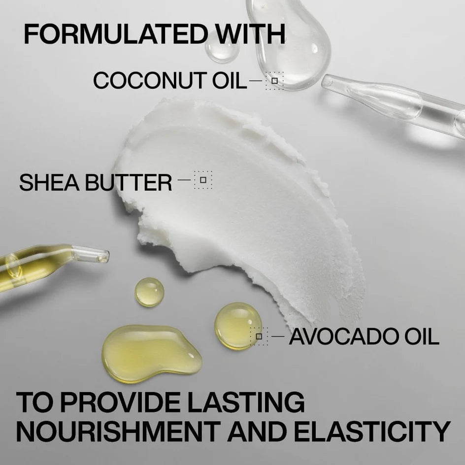 Cosmetic product with coconut oil, shea butter, and avocado oil droplets on a gray background.