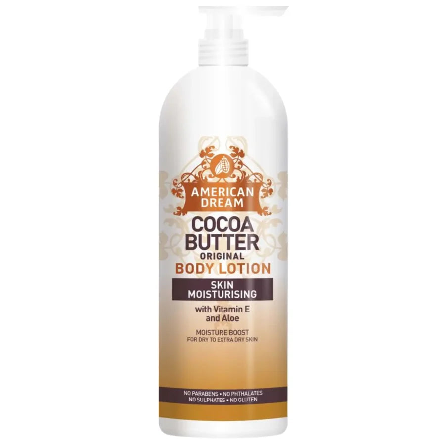 A bottle of American Dream Cocoa Butter Original Body Lotion with a white pump dispenser and a label featuring brown and gold text and graphics, set against a plain white background.