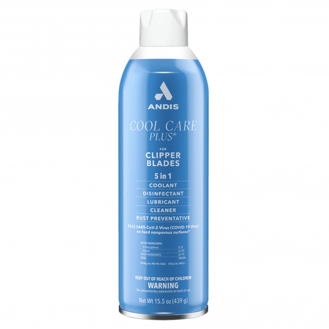 A 15.5 oz (439 g) can of Andis Cool Care Plus Clipper Blades 5 in 1 coolant, disinfectant, lubricant, cleaner, and rust preventative spray, shown on a clean white background.