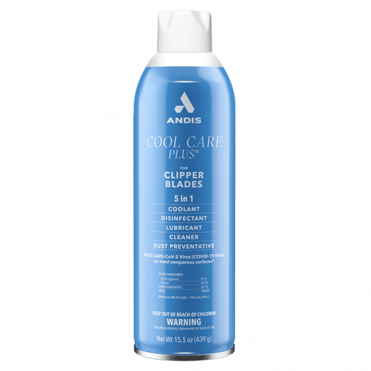 A 15.5 oz (439 g) can of Andis Cool Care Plus Clipper Blades 5 in 1 coolant, disinfectant, lubricant, cleaner, and rust preventative spray, shown on a clean white background.