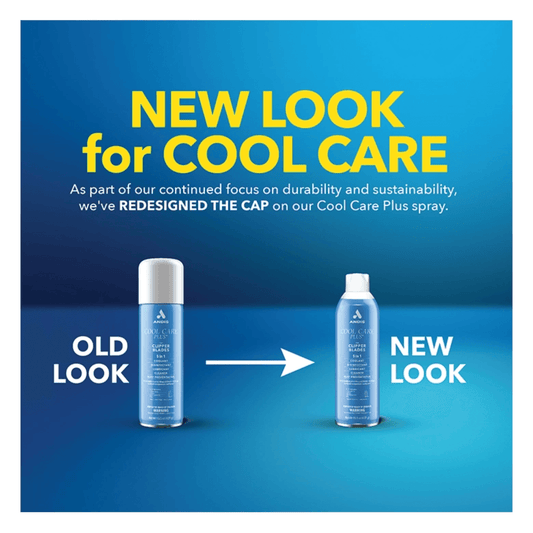 Promotional graphic for Cool Care Plus spray showing two aerosol cans on a blue gradient background with large yellow text reading 'NEW LOOK for COOL CARE' and white text labeling the old and new cap designs.