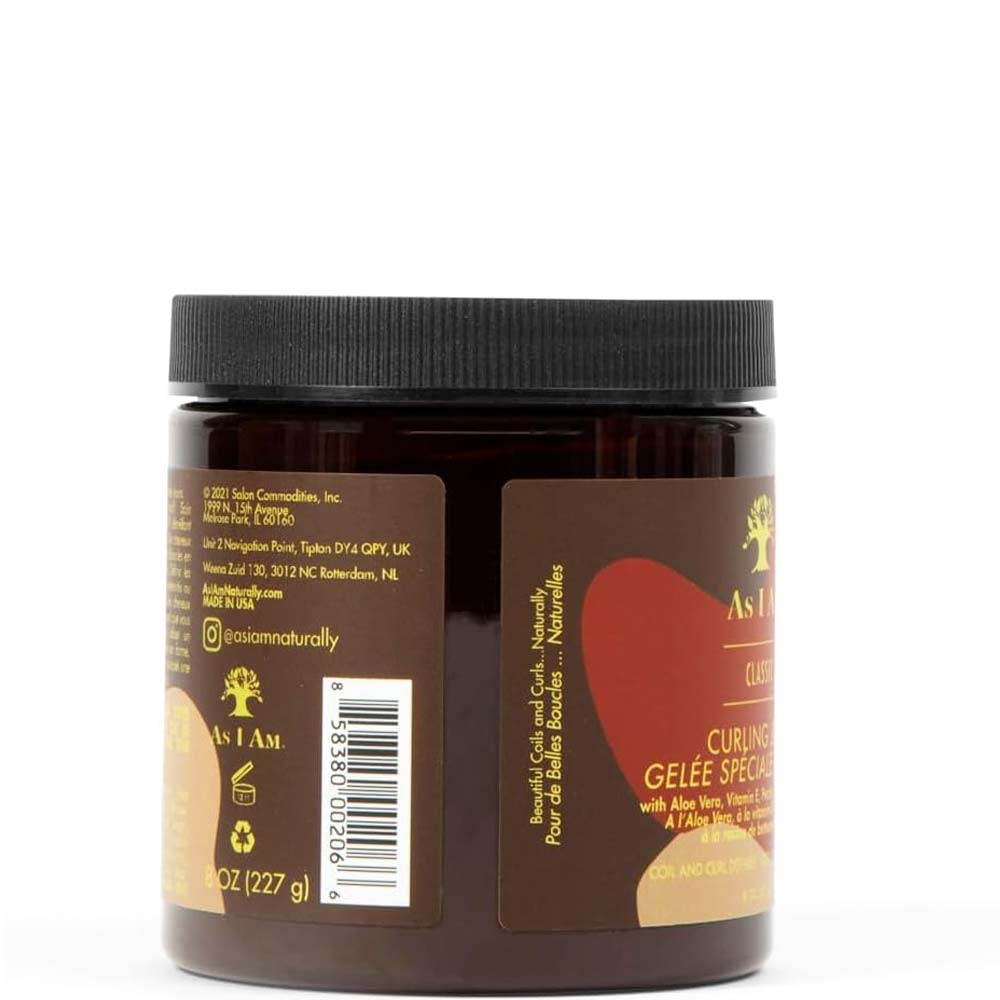 A jar of As I Am Curling Paste shown from the back, featuring a black ribbed lid and brown labels with gold and red accents on a white background.