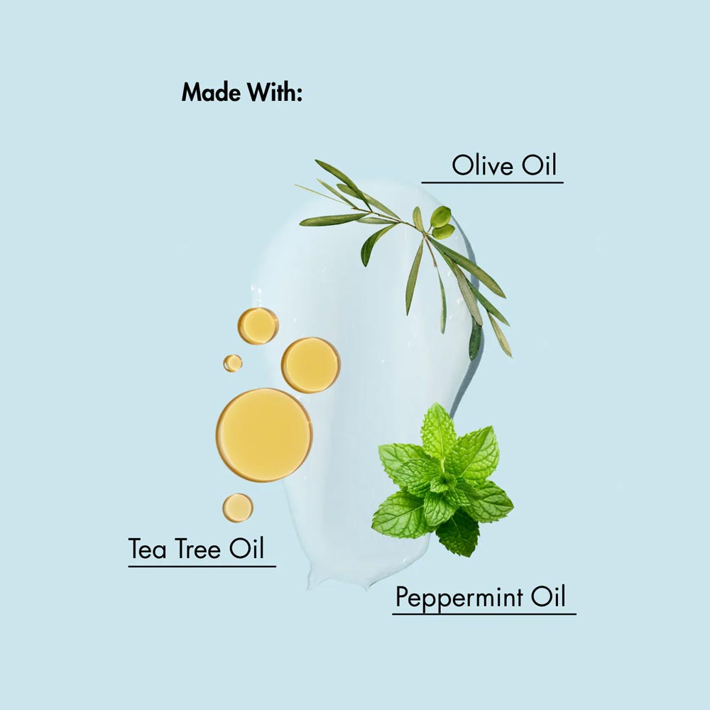 A light blue graphic with the heading 'Made With:' and labels for ingredients: 'Olive Oil,' 'Tea Tree Oil,' and 'Peppermint Oil.' A white smear in the center is decorated with olive leaves, yellow oil droplets, and green peppermint leaves.